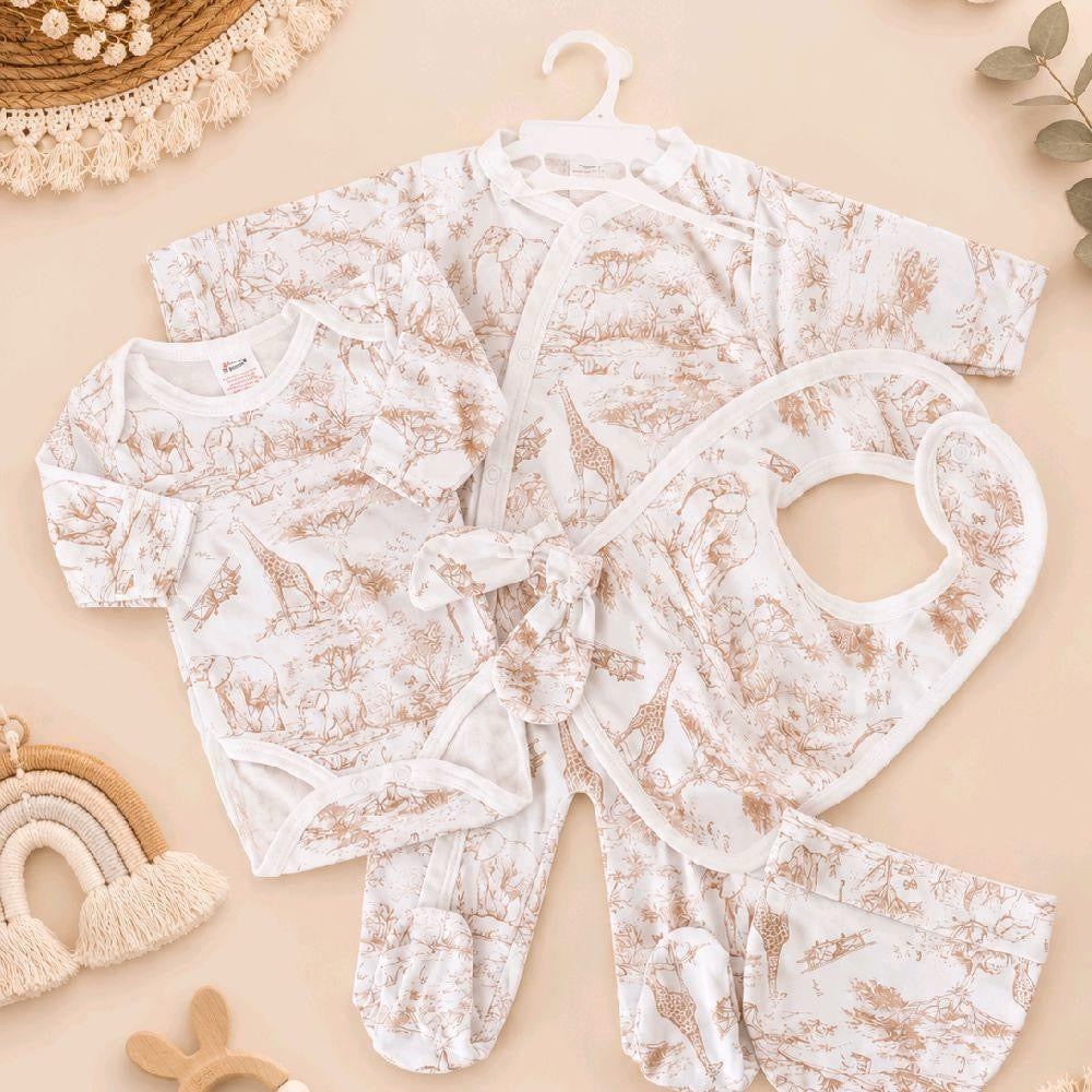 Ensemble bébé 5 pièces coton motif savane beige