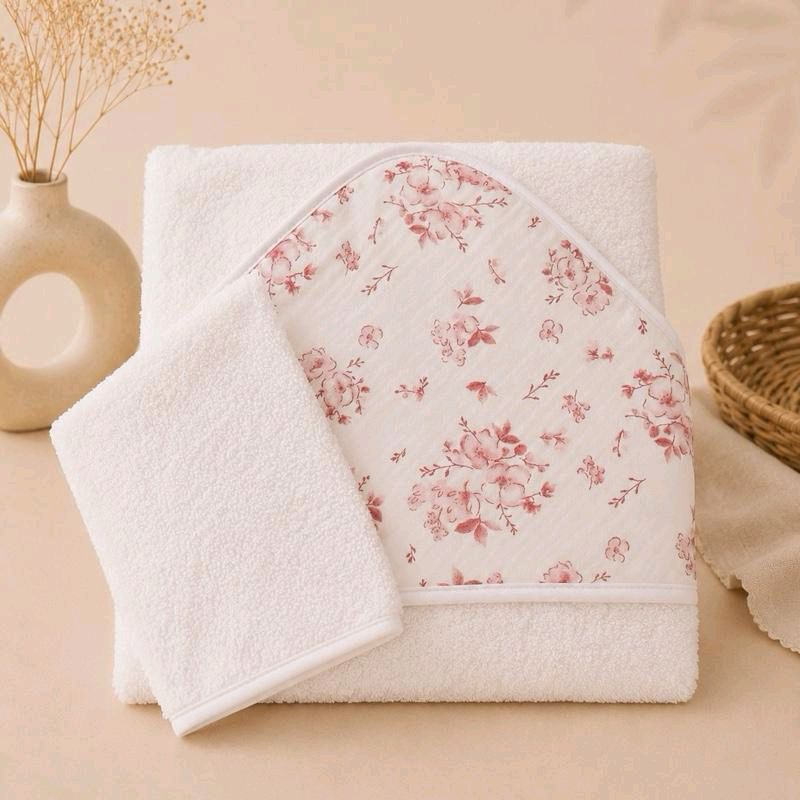 Cape de bain bébé motif fleurs de coton