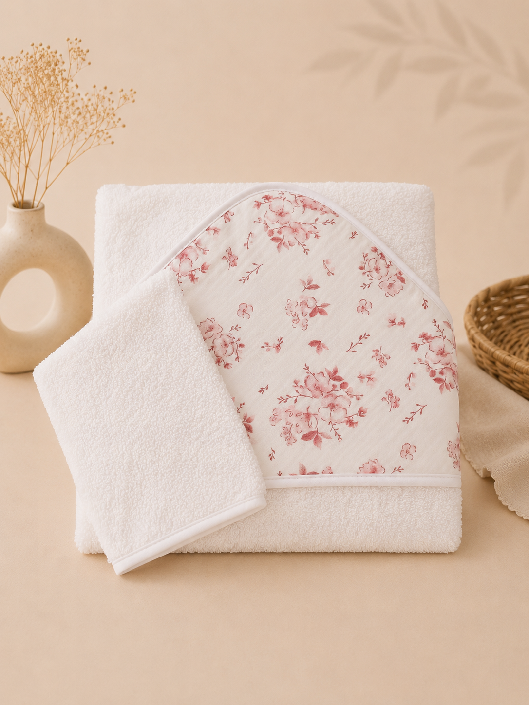 Cape de bain bébé fleurs de coton roses