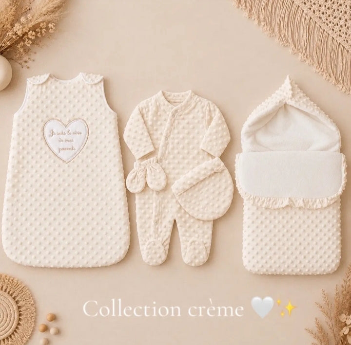 Ensemble naissance gigoteuse, nid d'ange et pyjama en minky crème