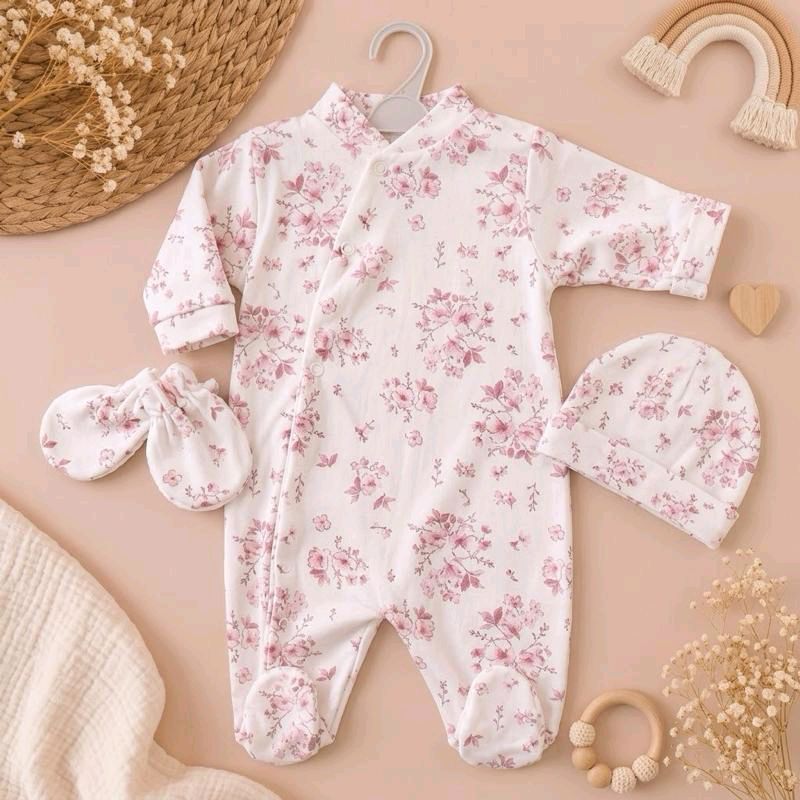Ensemble bébé 3 pièces coton motif fleurs de coton rose