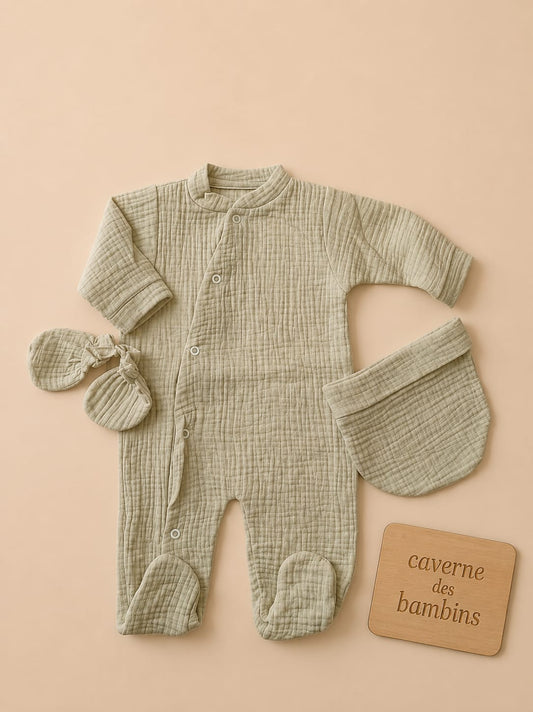 Ensemble 3 pieces pyjama gaze de coton vert