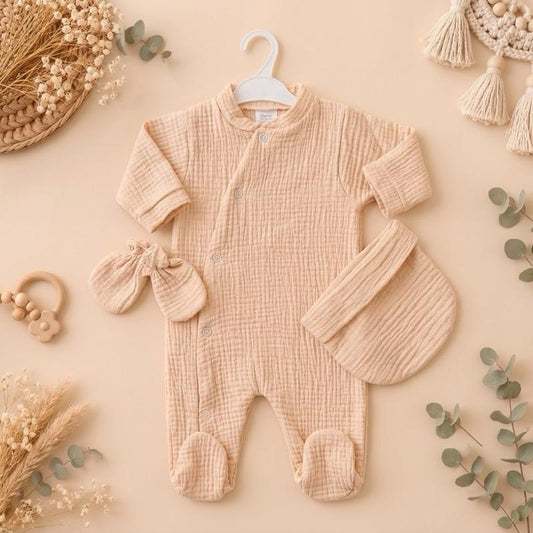 Ensemble 3 pièces pyjama gaz de coton beige