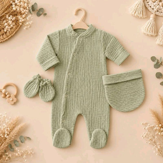Ensemble 3 pieces pyjama gaze de coton vert