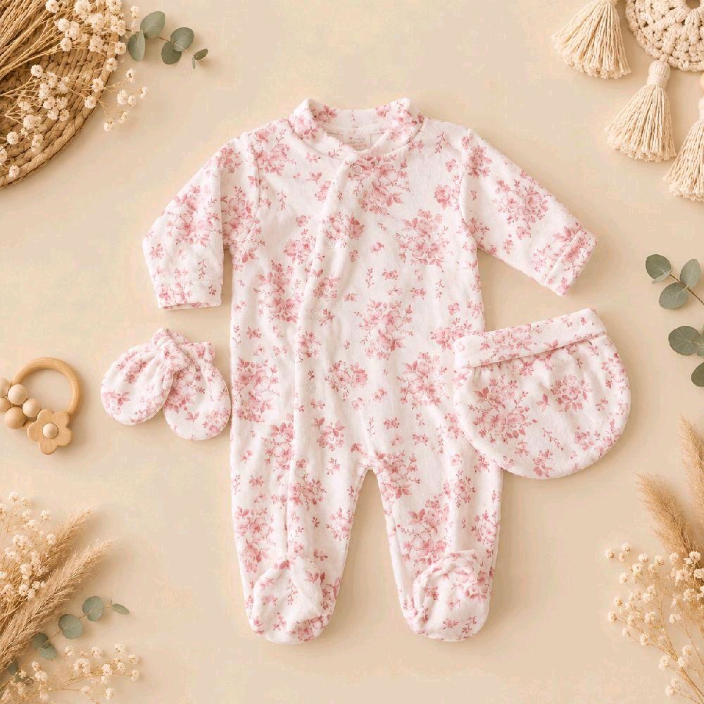 Ensemble bébé 3 pièces velours motif fleurs de coton rose