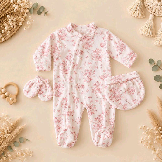 Ensemble bébé 3 pièces velours motif fleurs de coton rose