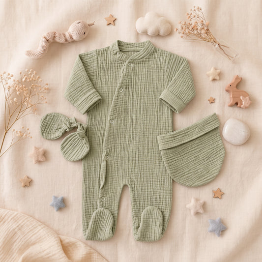 Ensemble 3 pieces pyjama gaze de coton vert
