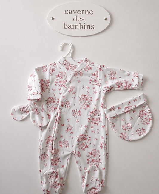 Ensemble bébé 3 pièces fleurs de coton rose