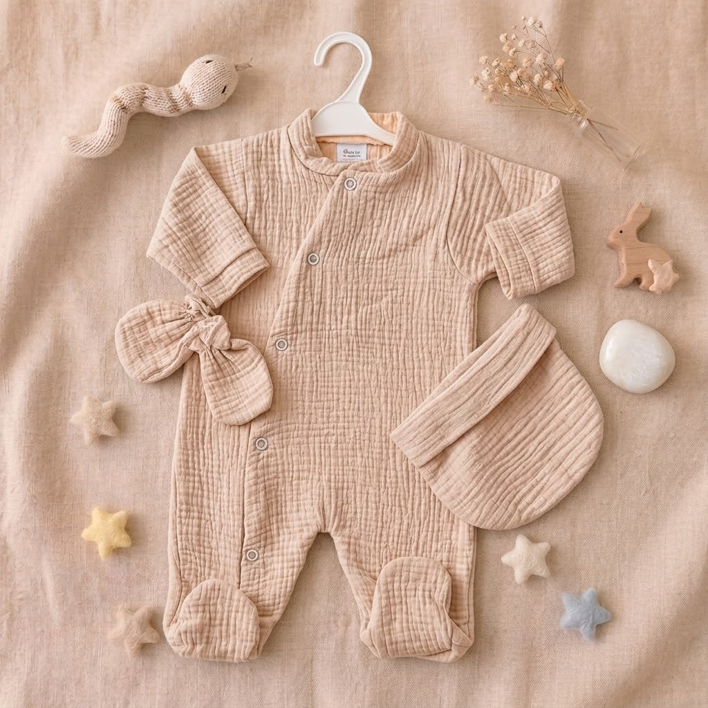 Ensemble 3 pièces pyjama gaz de coton beige