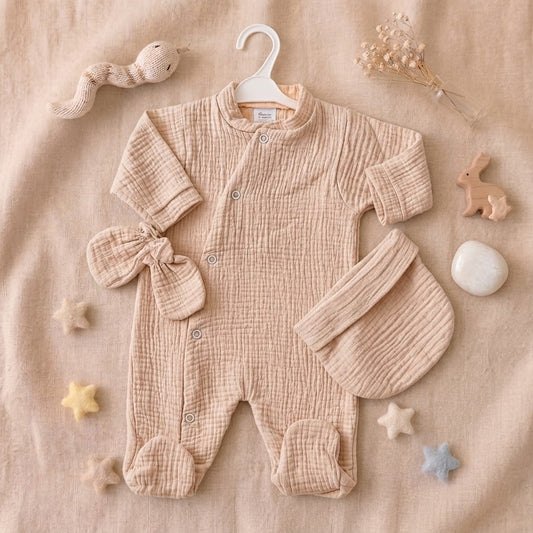 Ensemble 3 pièces pyjama gaz de coton beige