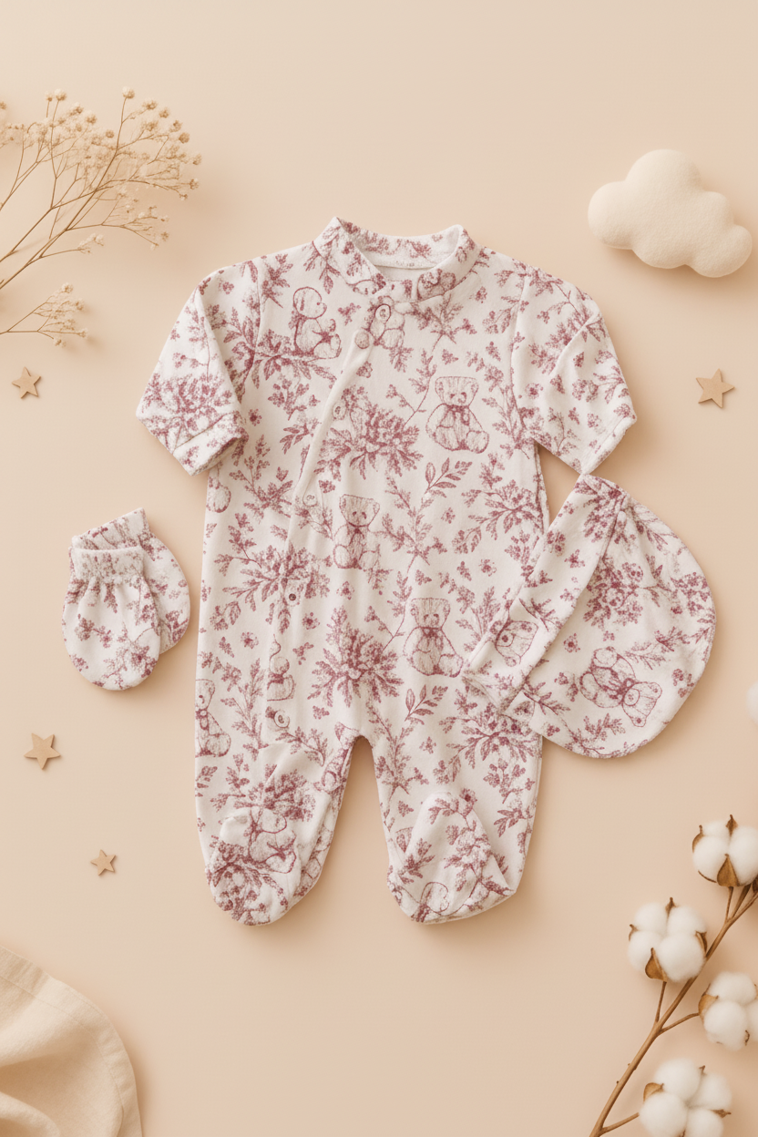 Ensemble 3 pièces pyjama coton motif ourson rose