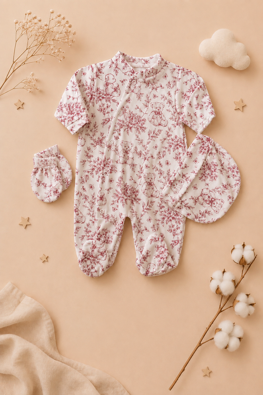 Ensemble 3 pièces pyjama coton ourson rose