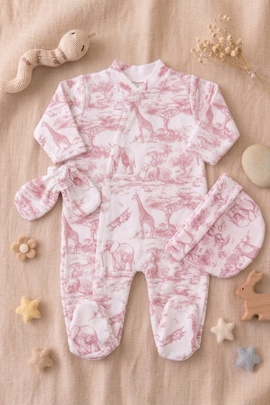 Ensemble bébé 3 pièces pyjama velours motif savane rose
