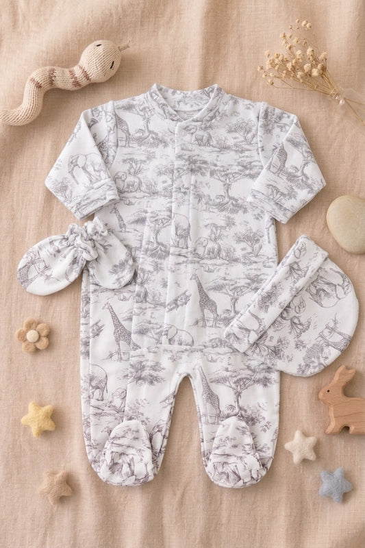 Ensemble 3 pièces pyjama velours motif savane gris