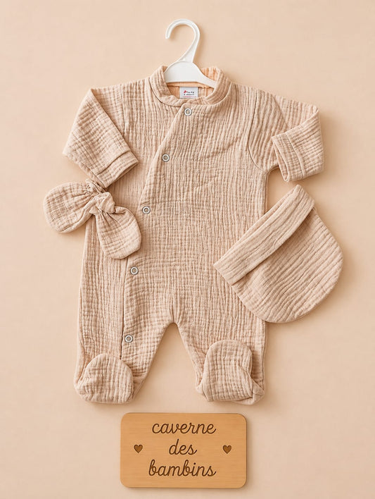 Ensemble 3 pièces pyjama gaz de coton beige
