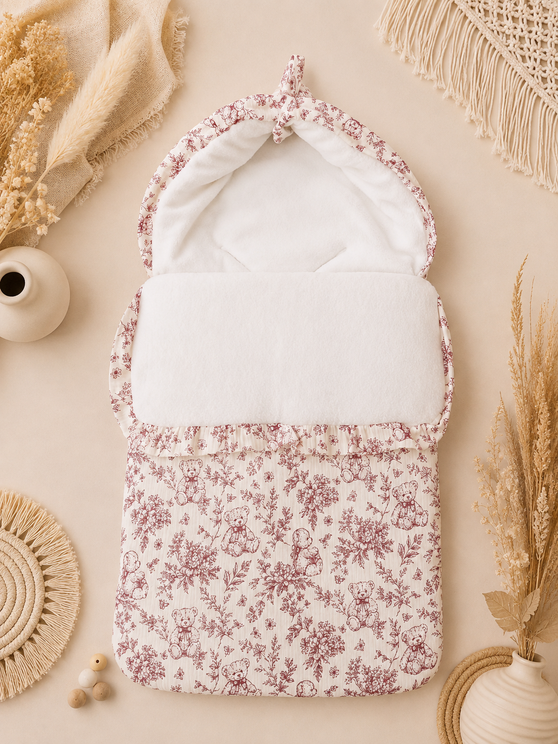 Nid d'ange gaze de coton et polaire ourson rose