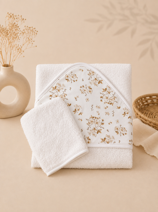 Cape de bain bébé fleurs coton beiges