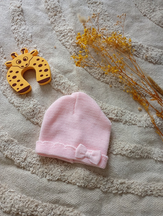 Bonnet naissance nœud rose clair