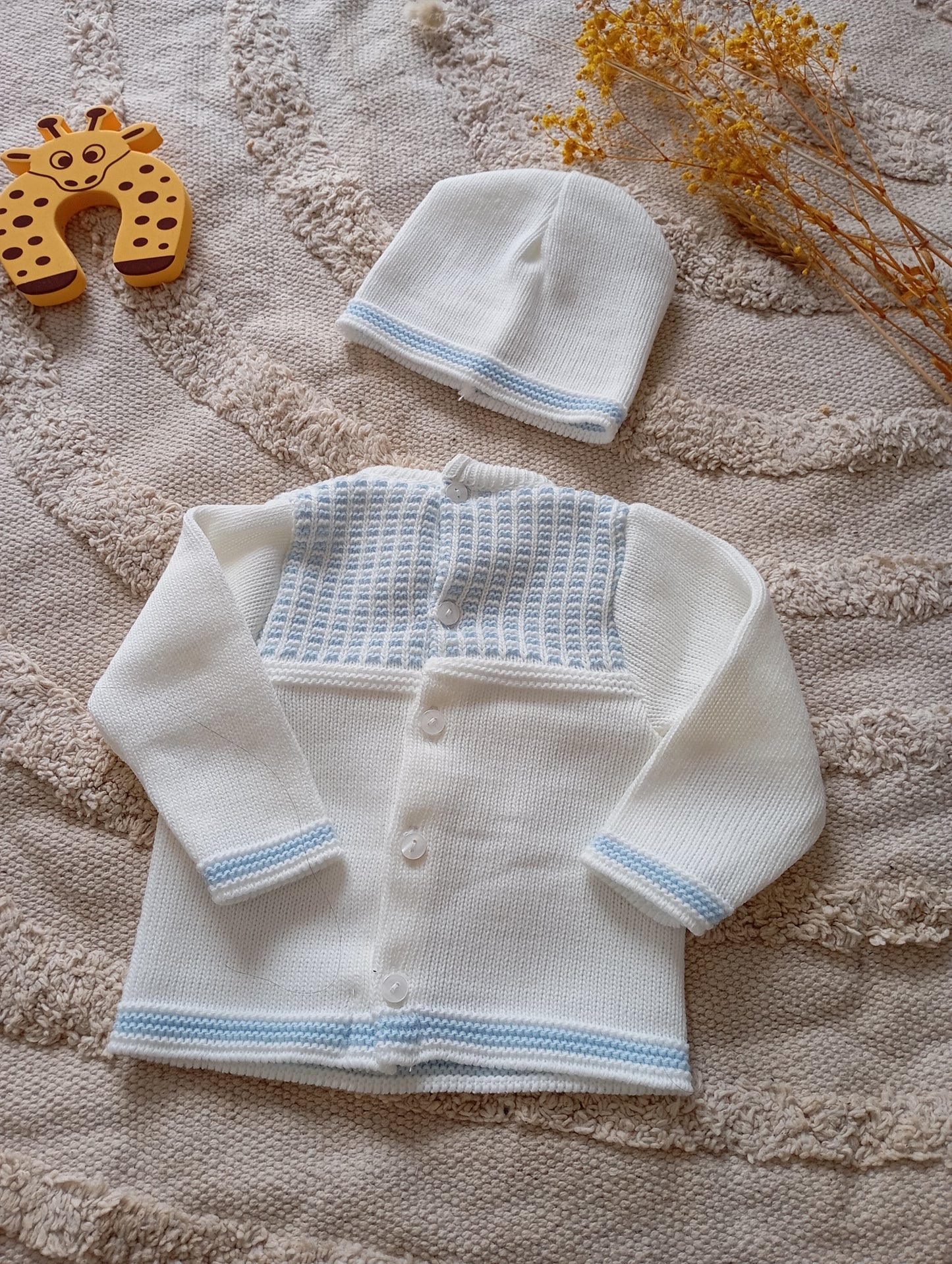 Ensemble bébé blanc/bleu clair pompon