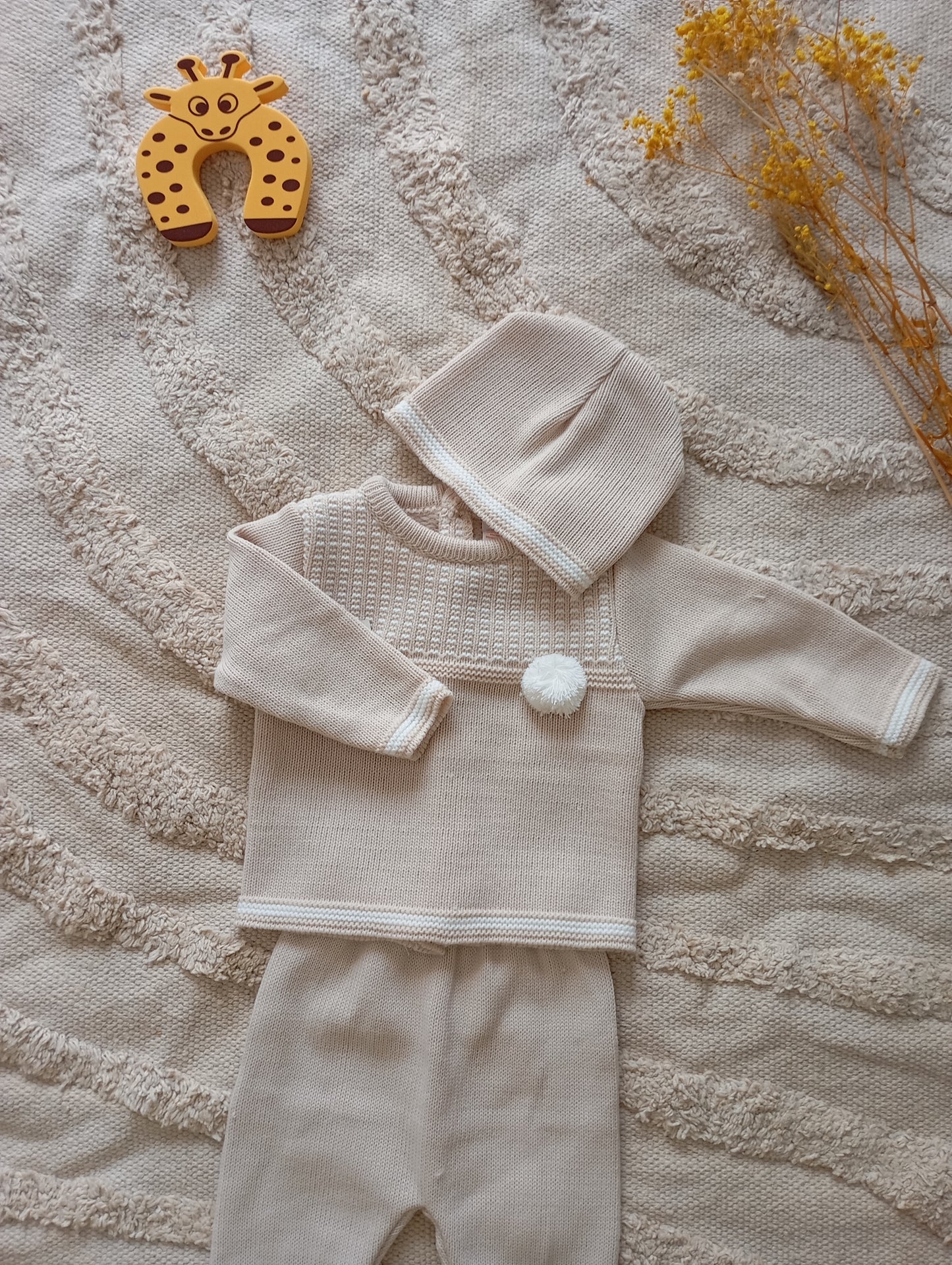 Ensemble bébé beige/blanc pompon