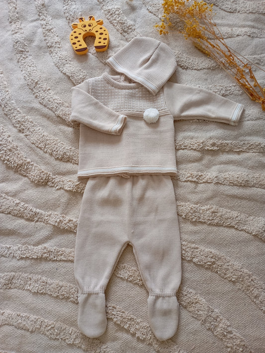 Ensemble bébé beige/blanc pompon