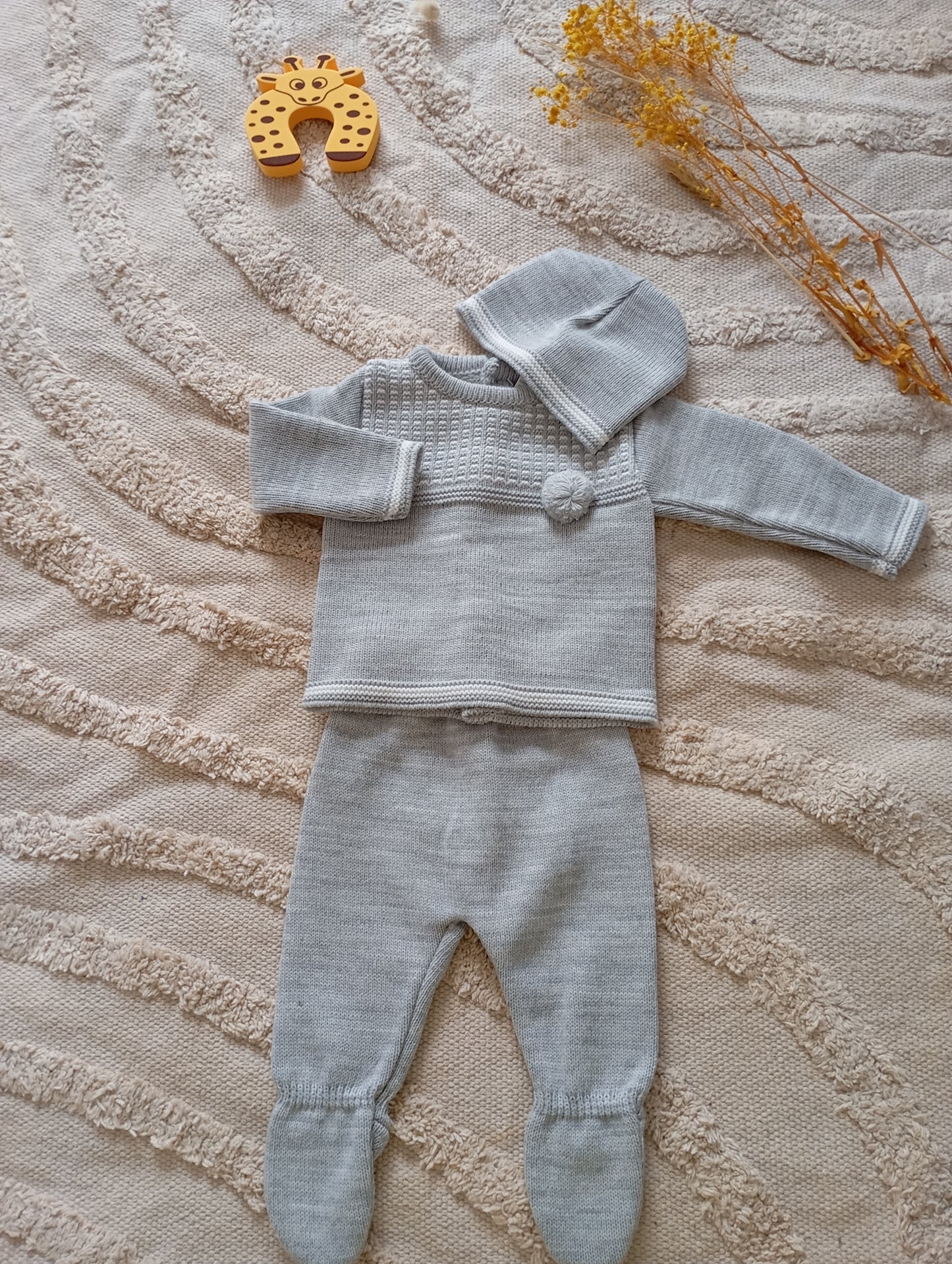 Ensemble bébé gris/blanc pompon