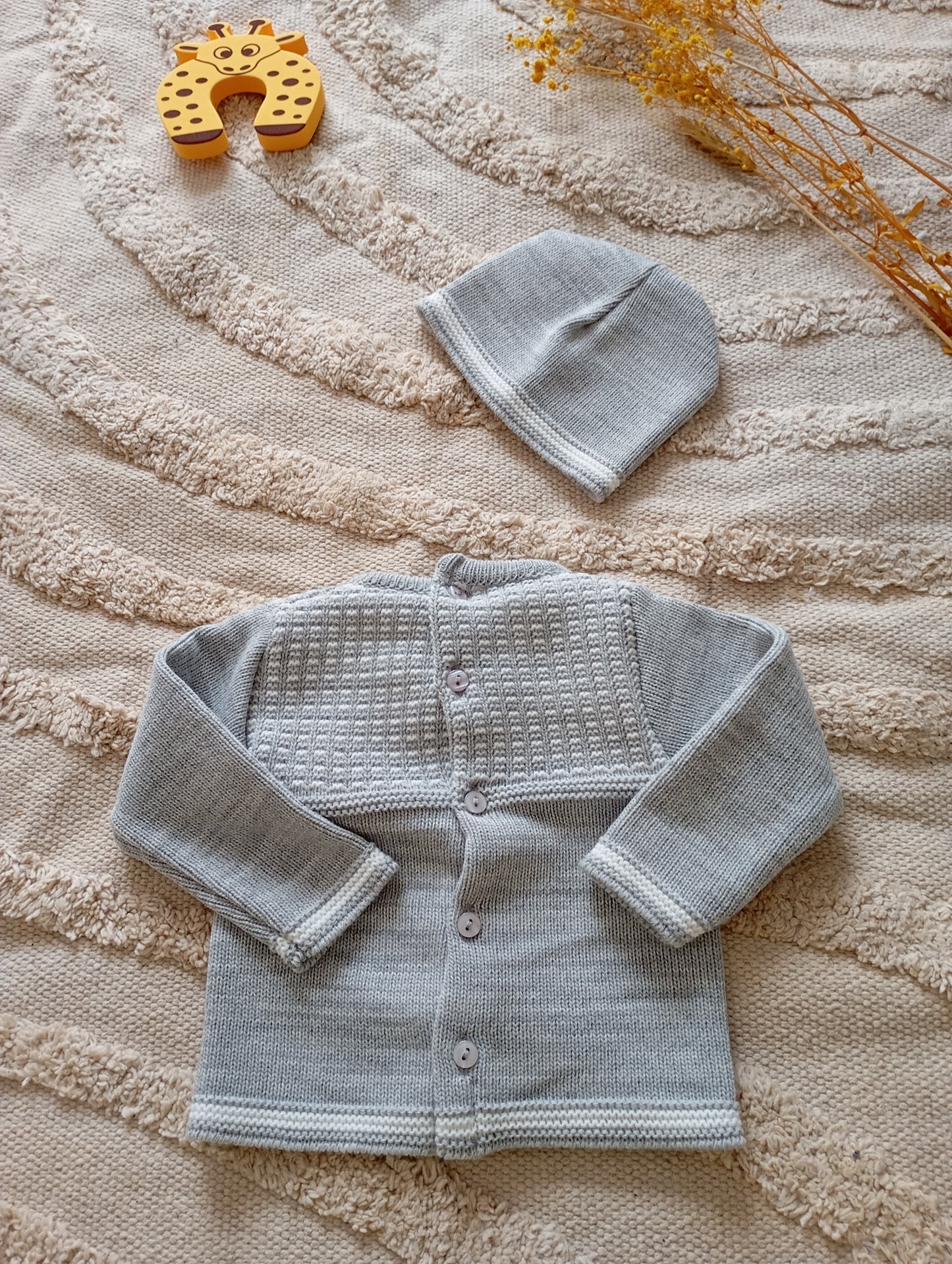 Ensemble bébé gris/blanc pompon