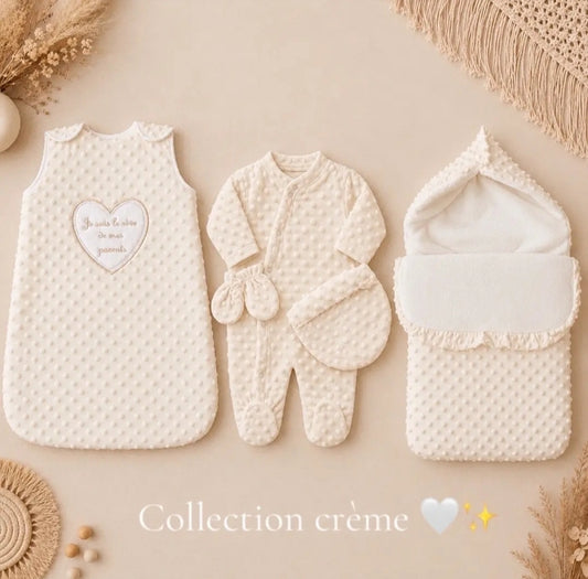 Ensemble naissance gigoteuse, nid d'ange et pyjama en minky crème