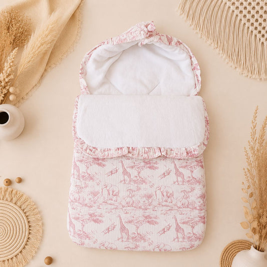 Nid d'ange gaze de coton et polaire motif savane rose