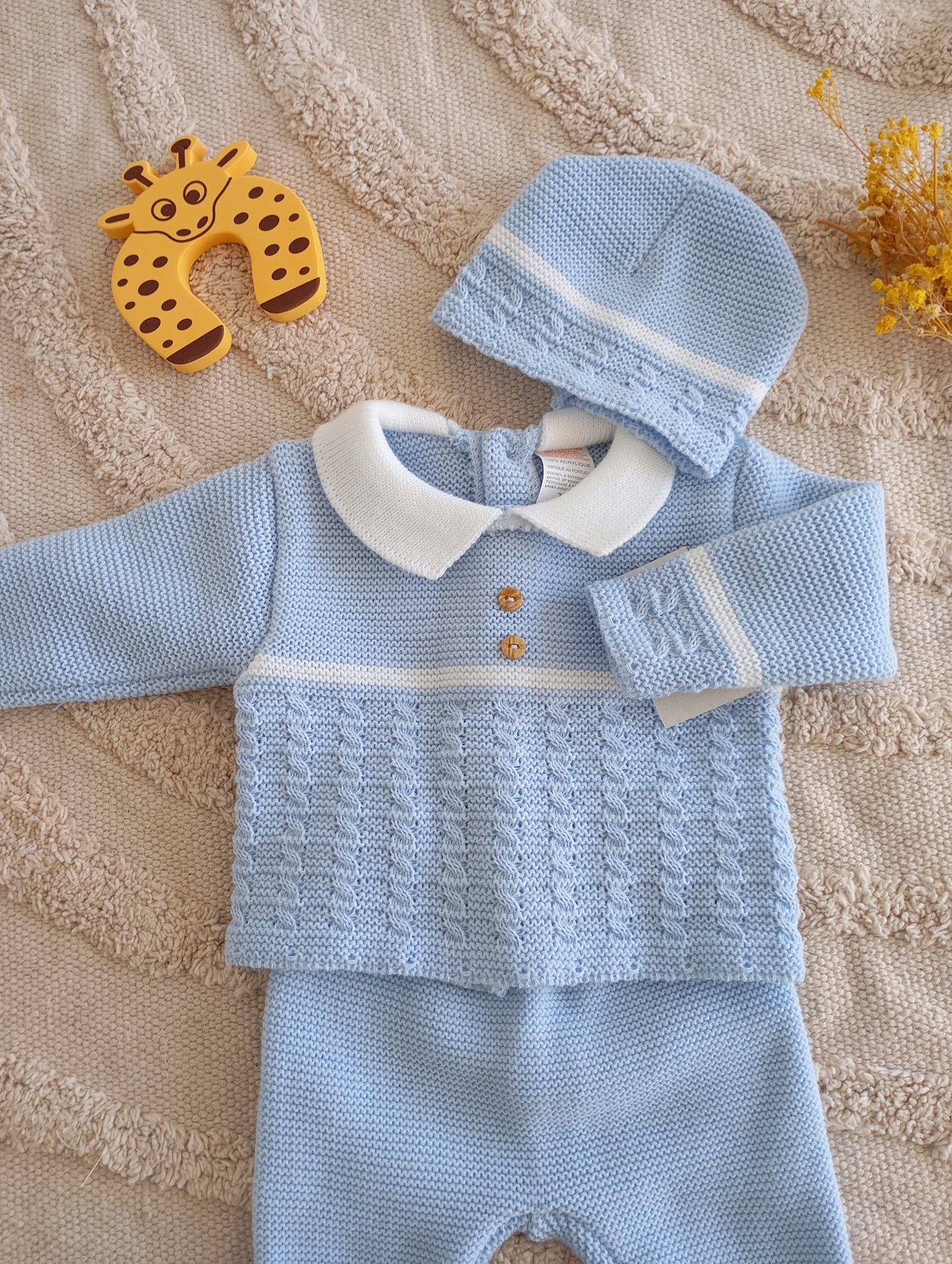 Ensemble bébé 3 pièces bleu liseré blanc
