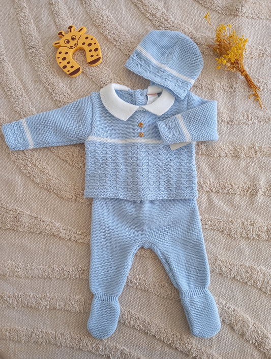 Ensemble bébé 3 pièces bleu liseré blanc