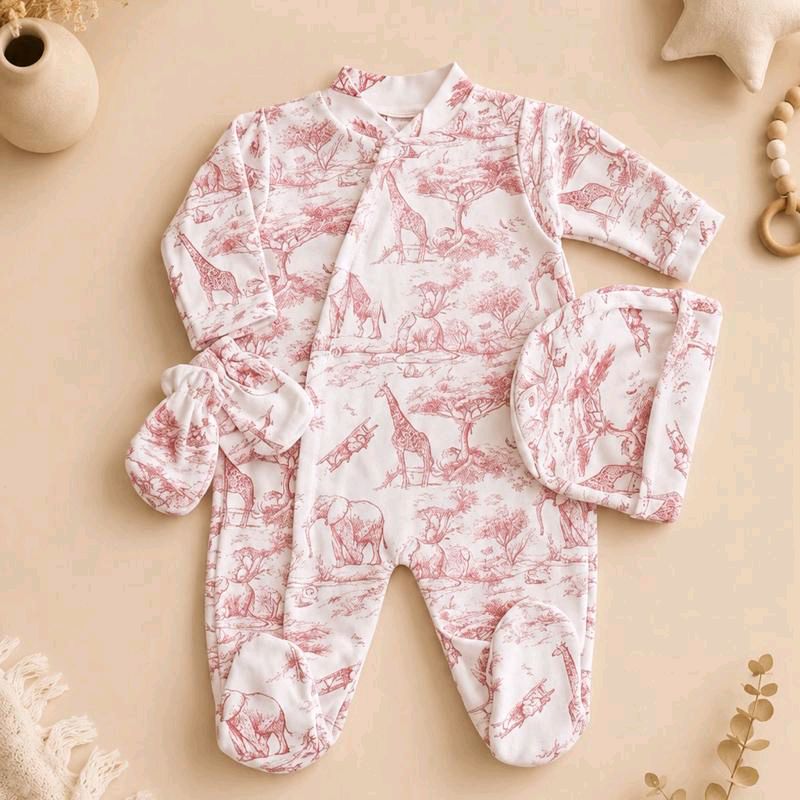 Ensemble 3 pièces pyjama coton motif savane rose
