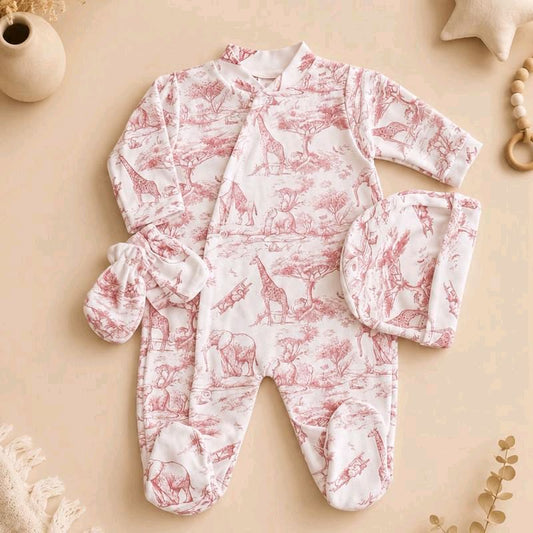 Ensemble 3 pièces pyjama coton motif savane rose