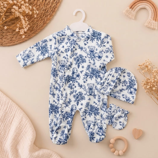 Ensemble bébé pyjama coton 3 Pièces motif ourson bleu