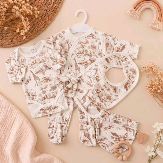 Ensemble bébé 5 pièces coton motif savane beige