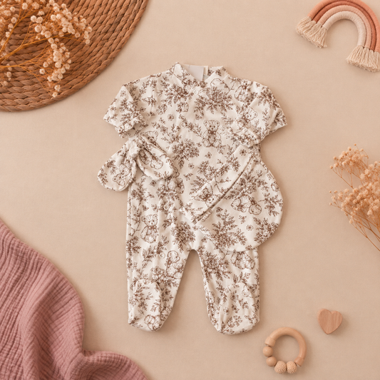 Ensemble bébé pyjama coton 3 pièces motif ourson marron
