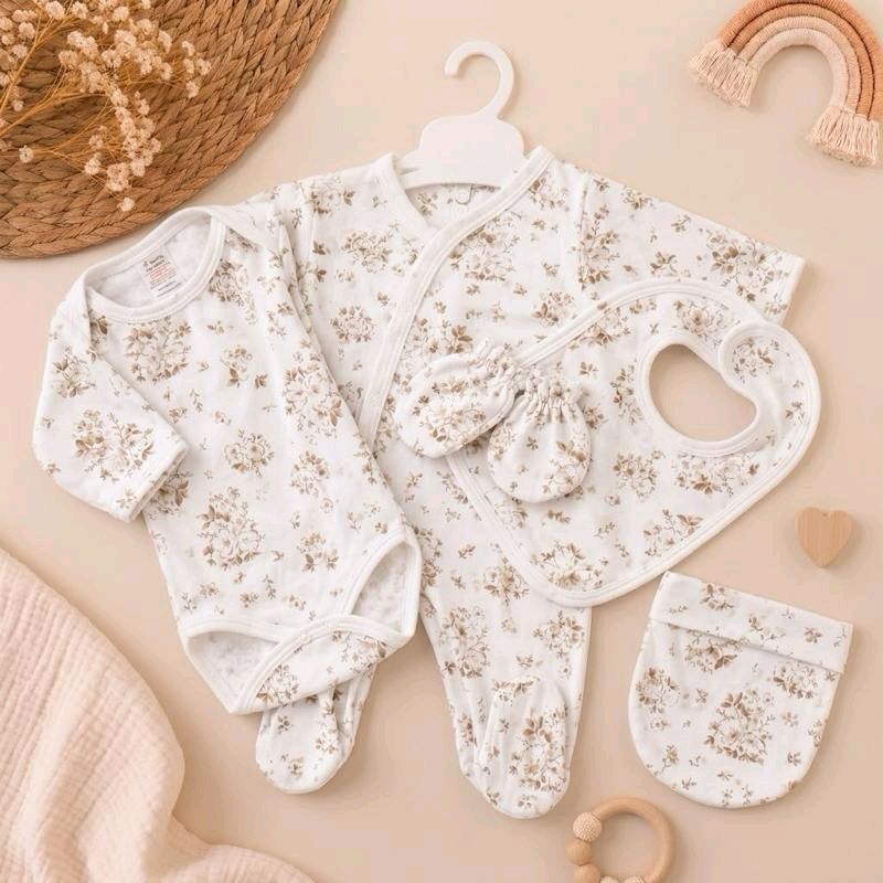 Ensemble 5 pièces coton motif fleur de coton beige