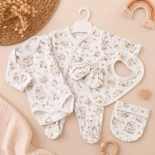 Ensemble 5 pièces coton motif fleur de coton beige