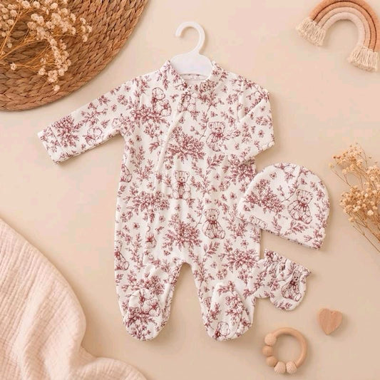Ensemble 3 pièces pyjama velours motif ourson rose